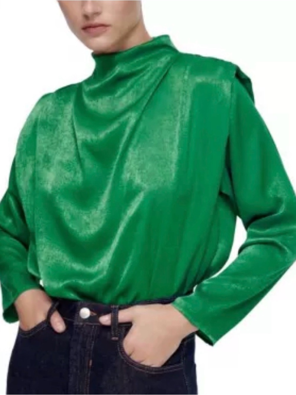 Zara Emerald Green Satin Mock-Neck Sweater